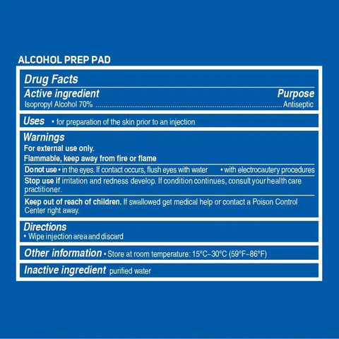 Label of alcohol prep pad showing drug facts, warnings, directions, and ingredients on a blue background from CarePak 203 Piece Bandage Variety Pack