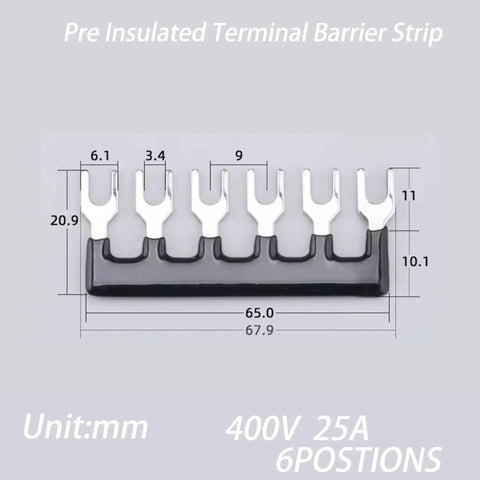 Heavy Duty Dual Row Six Position Screw Terminal Block Kit Two Sets 600V 25A With Cover Rock Solid Insulated Barriers And 12 Insulated Fork Wire Connectors For Easy Secure Wiring In Electronics And Control Panels shown with dimensions and fork connectors.