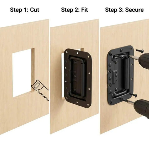 Installation process for Large Recessed Spring Loaded Steel Handle Set 4 Pack for flush mount cabinets and racks, step-by-step guide.