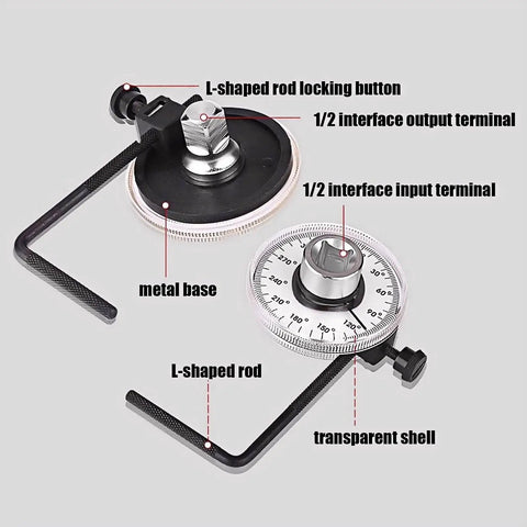 Precision Torque Angle Gauge With 360 Degree Rotation Scale for Automotive Applications, showing components and L-shaped handle.