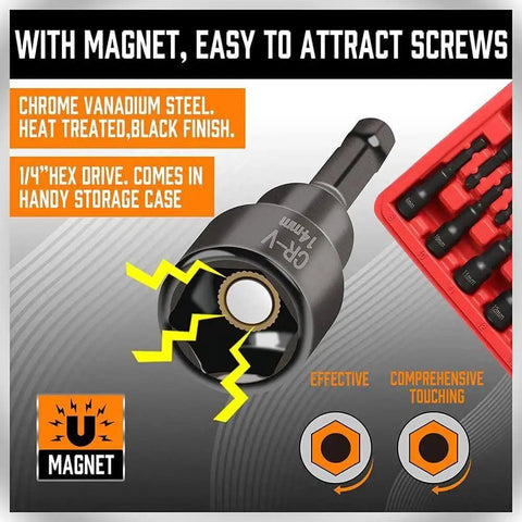 12 Piece Magnetic Nut Driver Set For Impact Tools With Premium Chrome Vanadium Steel And Black Phosphate Finish SAE And Metric Sizes Quarter Inch Quick Change Strong Magnetic Hold For Fast And Secure Fastening, showing CV steel bit and storage case