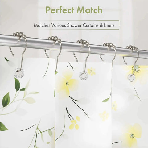 Rustproof Stainless Steel Shower Curtain Hooks Set Of 12 For Bathroom Rods With Polished Nickel Finish shown on rod with floral curtains.