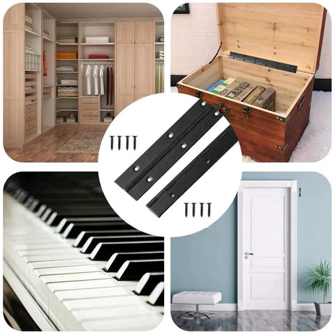 Collage featuring 2 Pack 24 Inch Piano Hinge Stainless Steel Black Heavy Duty 304 Continuous Hinge For Cabinets And Doors In Boats Marine Applications with screws