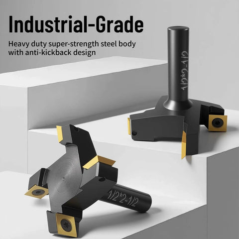 Heavy Duty Slab Flattening Router Bit With One Half Inch Shank And Two And One Half Inch Cutting Diameter, Four Wing Coated Carbide Inserts