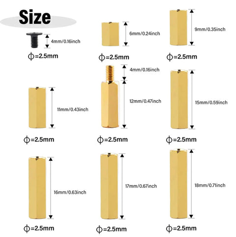 Image showing size chart of 64 Piece Brass Spacers Standoffs Screws Kit For Raspberry Pi 5 And M.2 NVMe PCIe Peripheral Board.