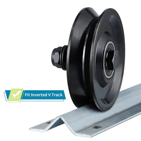 Heavy Duty V Groove Gate Wheel 3.9 Inch With Double Bearings, Sliding Gate Caster For Inverted V Track shown on rail