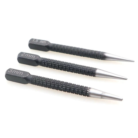 Three Piece Black High Carbon Steel Center Punch Drill Kit With 1.5mm 2mm 3mm Tips displayed on a white background