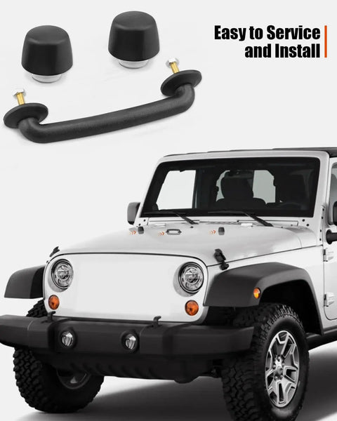 Front Windshield Hold Down Bracket For Jeep Wrangler JK TJ 1997-2018 Replacement with bump stops and a white Jeep