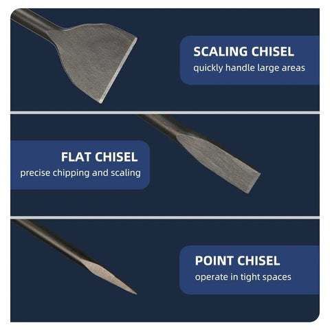 24 Inch SDS Max 3 Piece Masonry Chisel Set With 1 Inch Flat Chisel Point Chisel And 3 Inch Scaling Chisels For Brick Stone Concrete Heavy Duty 40Cr Steel SDS Max Rotary Hammer Drill Bit Set showing close-up of chisels