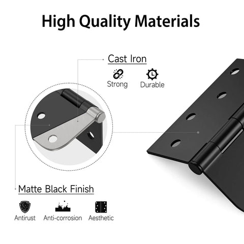 Diagram of 3 Pack Black Exterior Door Hinges 4 Inch With Five Eighth Inch Radius Removable Pin, matte black finish, and cast iron durability.