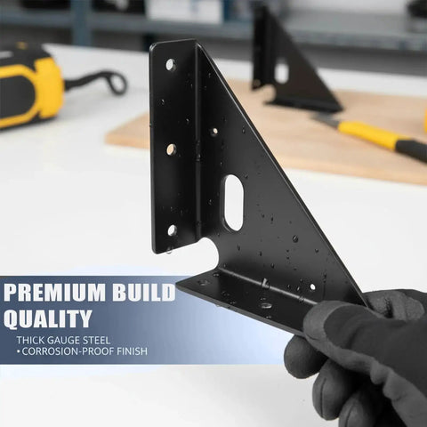 Built Tough Heavy Duty Gusset Joint Set close-up showing black metal corner bracket with corrosion-proof finish and thick gauge steel.