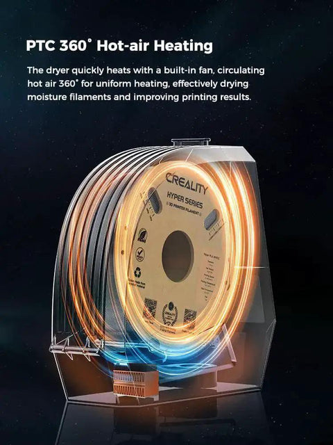 Space Pi Filament Dryer For 3D Printers showing PTC 360 Degree heating with spool holder in use for filament drying.