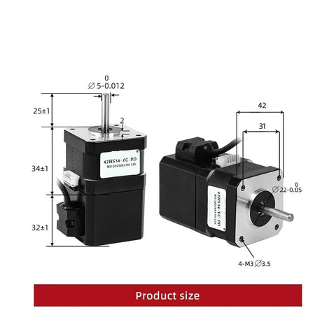 Front and side views of a 12V 42HS34-YC-PD four-lead brake stepper motor (NEMA17) with shaft.