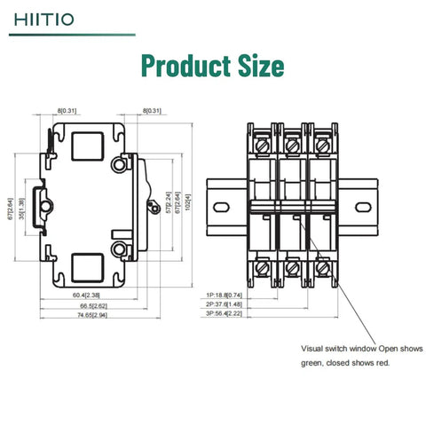 Technical drawing of 15 Amp 120V And 240V Two Pole DIN Rail Miniature Circuit Breaker UL 489 Listed 35mm Mount HCB1U-60 MCB