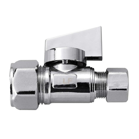 2 Pack Chrome Brass Compression Straight Angle Stop Valves One Half Inch Nominal Inlet Five Eighth Inch OD Compression To Three Eighth Inch OD Compression Quarter Turn Water Shut Off Lead Free close-up