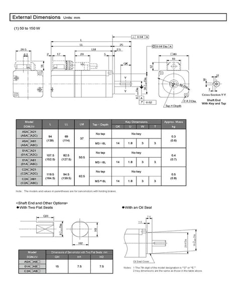 CHUNYE SGMJV servo motor technical drawing with side and front views, dimensional table, and shaft-end options (750W)