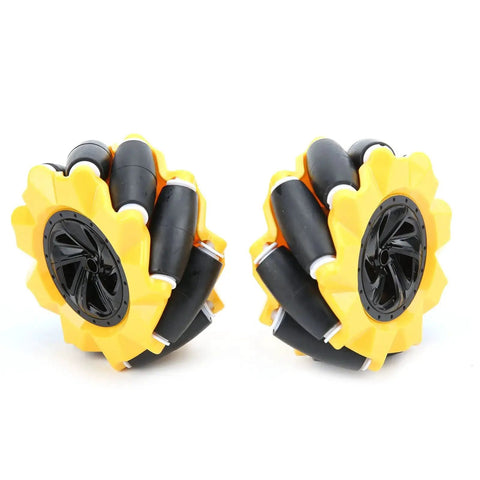 Mecanum Wheel Omnidirectional Robot Wheel For TT Motor 80mm with rubber-coated surface in yellow and black ABS, front view.