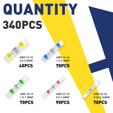 Solder-seal wire connectors set, 340 pcs, 5 colors and 5 sizes, heat-shrink butt splice terminals for marine electrical use