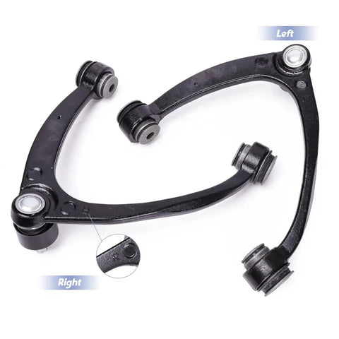 Left front upper control arm with bushings and ball joint, black metal suspension component