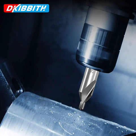 Close-up of 7 Piece Center Drill Bits Set in M2 high-speed steel for lathe and metalworking with 60 degree angle countersink drill bit in use.