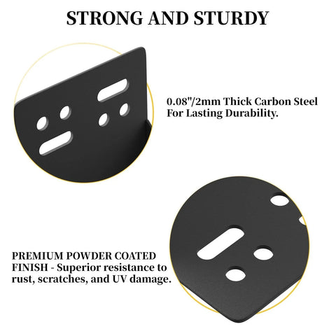 Close-up of black powder-coated steel brackets from Eight Piece Post Base Pergola Bracket Kit Inner Size 3.5 Inch By 3.5 Inch.