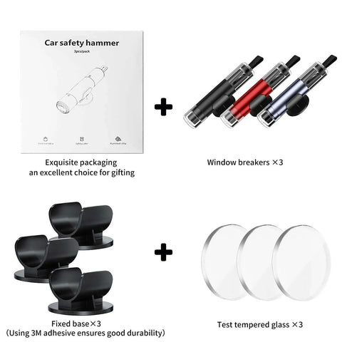 3 Pack Car Window Breaker Hammer And Seatbelt Cutter Kit with 2 In 1 Emergency Escape Tool, hammers, and practice glass