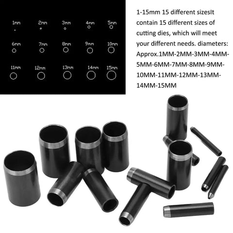 Leather Hole Punch Set With 15 Sizes From 1Mm To 15Mm Round Hollow Punch Die Cutter Kit showing steel dies for crafting.