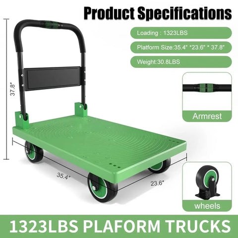 Green Folding Mobile Platform Trolley, 1323 lbs capacity, reinforced base, 360 swivel wheels, 35.4 x 23.6 inches, product specifications