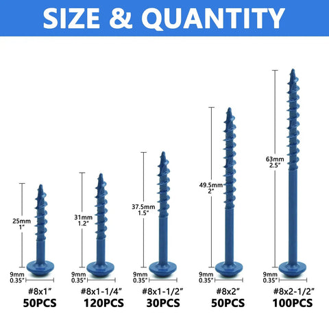 350 Piece Pocket Hole Screws Set With Five Sizes Size Eight To Two And A Half Inch Square Drive Coarse Thread Wood Screws With Blue Coated Finish And Included Drive Bit For Outdoor DIY Projects