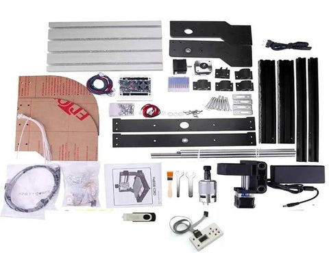 Image of 3 Axis Desktop CNC Router Kit For Wood PCB PVC Milling And Engraving With Offline Controller No Computer Needed GRBL Control USB Interface Mini DIY Engraver Machine For Beginners components displayed.