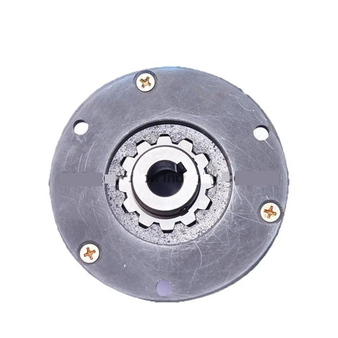 Front view of round metal electromagnetic brake housing with three mounting holes and gear-like center bore