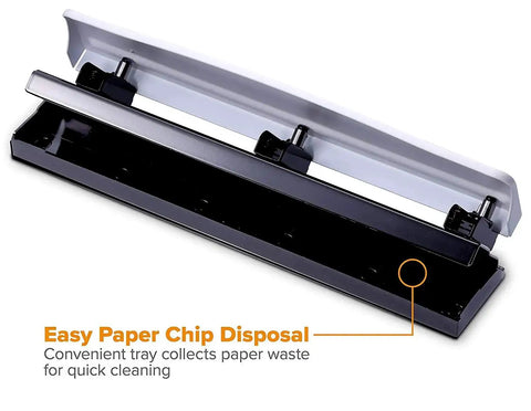 Close-up of Workhorse 3 Hole Punch For Office Use, Easy Clean Chip Tray, shows convenient paper chip disposal feature.