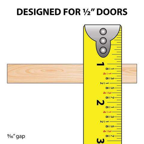 Half Inch Panel Sliding Door Track 48 Inch Long White Plastic Upper and Lower Set Fits Half Inch Thick Panels Smooth Quiet Operation USA Made Pack of 1 Ideal for Cabinets Bookcases Showcases and Reptile Enclosures illustration showing design for half inch doors with a measuring tape