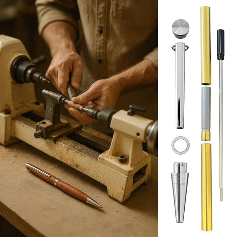 Pro Slimline Pen Kit Set For Wood Turning Ten Pack With Multiple Finishes 7mm Twist Pen Kit Includes Refills Perfect For Woodworking Hobbyists Classrooms And Clubs Lathe Ready DIY Projects shown with lathe and components