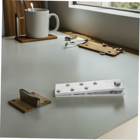 Hideaway Heavy Duty Stainless Steel Hidden Door Pivot Hinges for solid wood doors on a desk