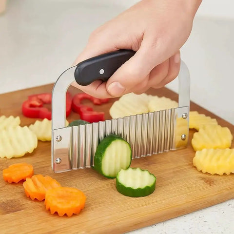 Crinkle Cut Wave Slicer For Fries And Veggies By HIC Kitchen With Stainless Steel Blade And BPA-Free Plastic Handle in use