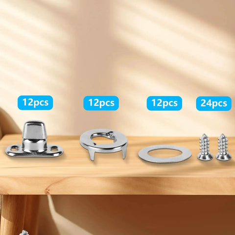 Marine Grade Nickel Plated Twist Lock And Turn Button Eyelets And Studs Kit for Boats RVs and Caravans displayed on wooden surface.