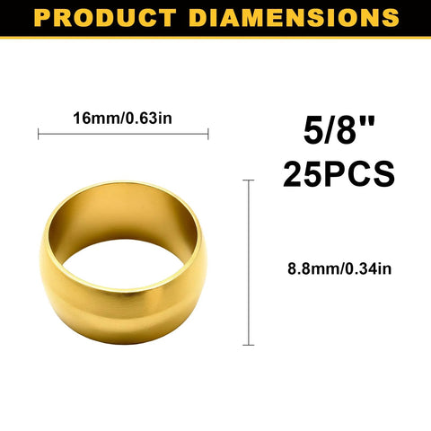 Brass compression sleeve ferrule for 5/8 in tube; gold finish, 16 mm ID, 8.8 mm height, 25 pieces