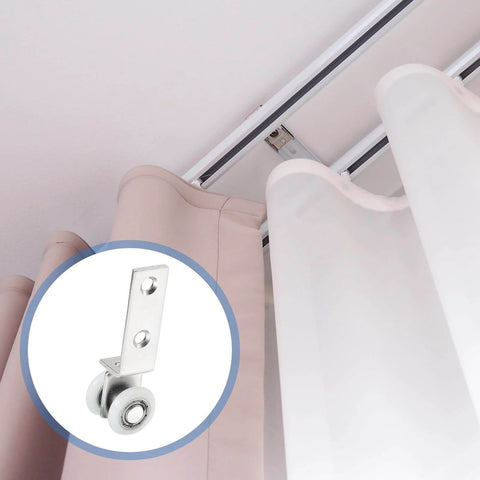 Two Pack Curtain Hanging Wheel Set For Window Track Rollers Smooth Bearing Pulley Trolley Assembly Silver Finish Installed
