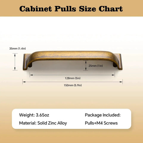 Size chart for Antique Brass Cup Pulls Zinc Alloy Cabinet Hardware For Kitchen And Furniture 5 Inch Center 6 Pack Model 9632GT 128