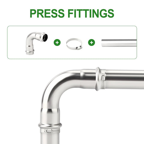 Press elbow fitting, 1in stainless steel (304 SS), 90° slip elbow with clamp and tube