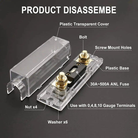 Beefy 70 Amp ANL Fuse Holder Kit With Three Fuses For Car Audio And 12V To 24V Systems Heavy Duty Heat Resistant And Ready To Handle Power Surges With Secure Mounting For Safety, showing disassembled parts including plastic cover and base.