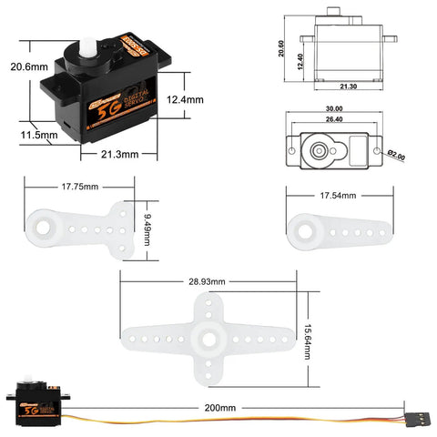 Dimensions and design of Two Pack 5G Mini Digital RC Servo With Plastic Gear showing measurements and components for micro-scale models.