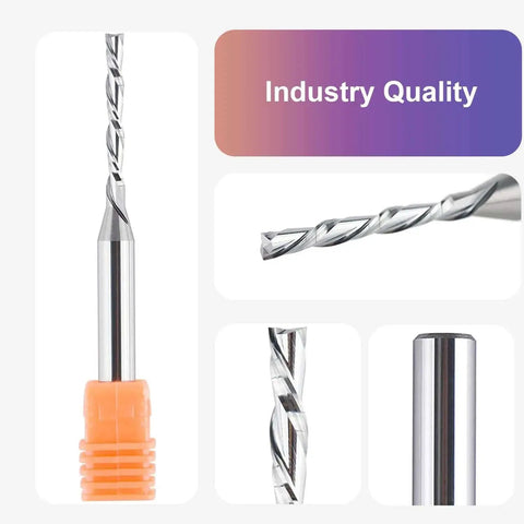 Extra Long Down Cut Router Bit For Wood One Eighth Inch Cutting Diameter One Quarter Inch Shank Three Inch Overall Length HRC55 Solid Carbide End Mill For Smooth Carving Engraving And Dado Mortise Work Pro Grade DIY Friendly, showing bit and shank