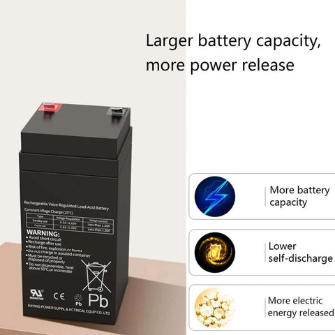 Rechargeable valve regulated lead-acid battery with power release information.