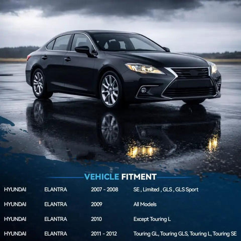 Sleek modern car on wet road with vehicle fitment details for Hyundai Elantra 2007-2012 models displayed beneath.