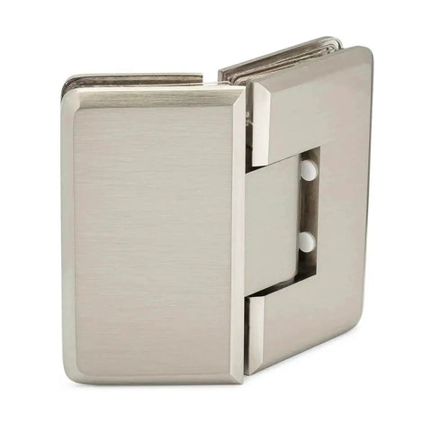 Heavy Duty Adjustable 135 Degree Glass To Glass Hinge In Brushed Nickel For Three Eighths To One Half Inch Glass Doors Up To 36 Inches Wide And 150 Pounds Self Closing Within About 25 Degrees Of Final Close Durable Easy Install, close-up view.