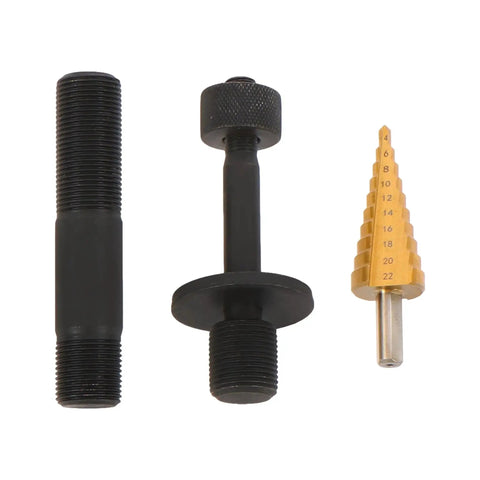 Components of 15 Ton Hydraulic Knockout Punch Kit Half Inch To 4 Inch Heavy Duty Punch Driver, including drill bit and studs