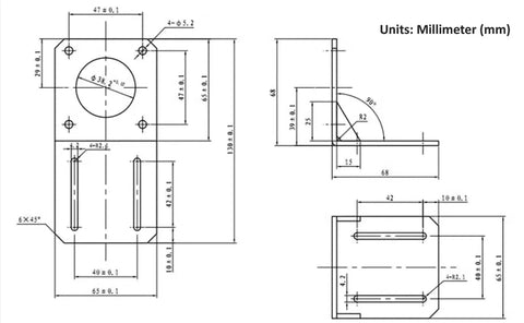 Technical drawing of 4 Pack NEMA 23 Stepper Motor Mounting Brackets With Mounting Screws, Durable Steel Construction, 65mm dimensions