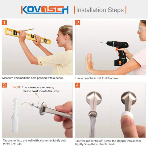 Installation steps for 2 Pack Solid Rigid Door Stops With Soft Rubber Tips Wall Protector Satin Nickel on a wall.